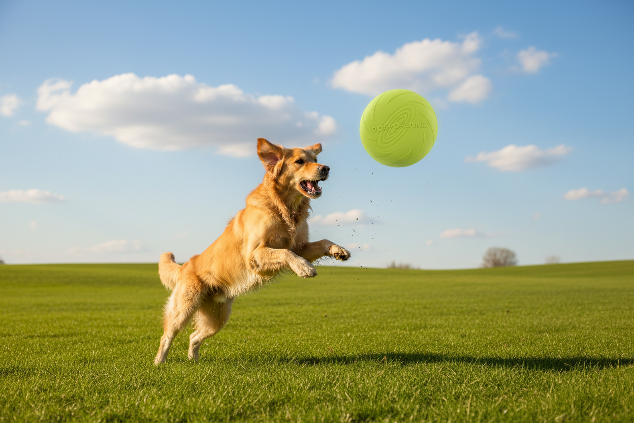 Dog running after lime green Dog-O-Soar frisbee outdoors