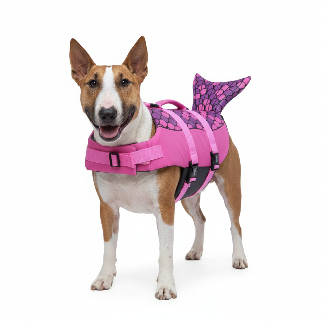 Dog wearing mermaid lifejacket - professional photo