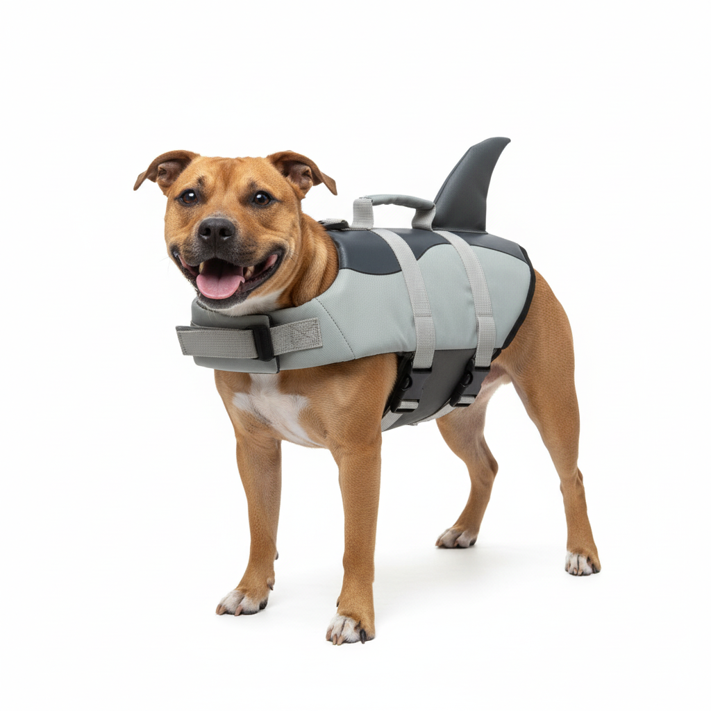 Dog wearing shark lifejacket - professional photo