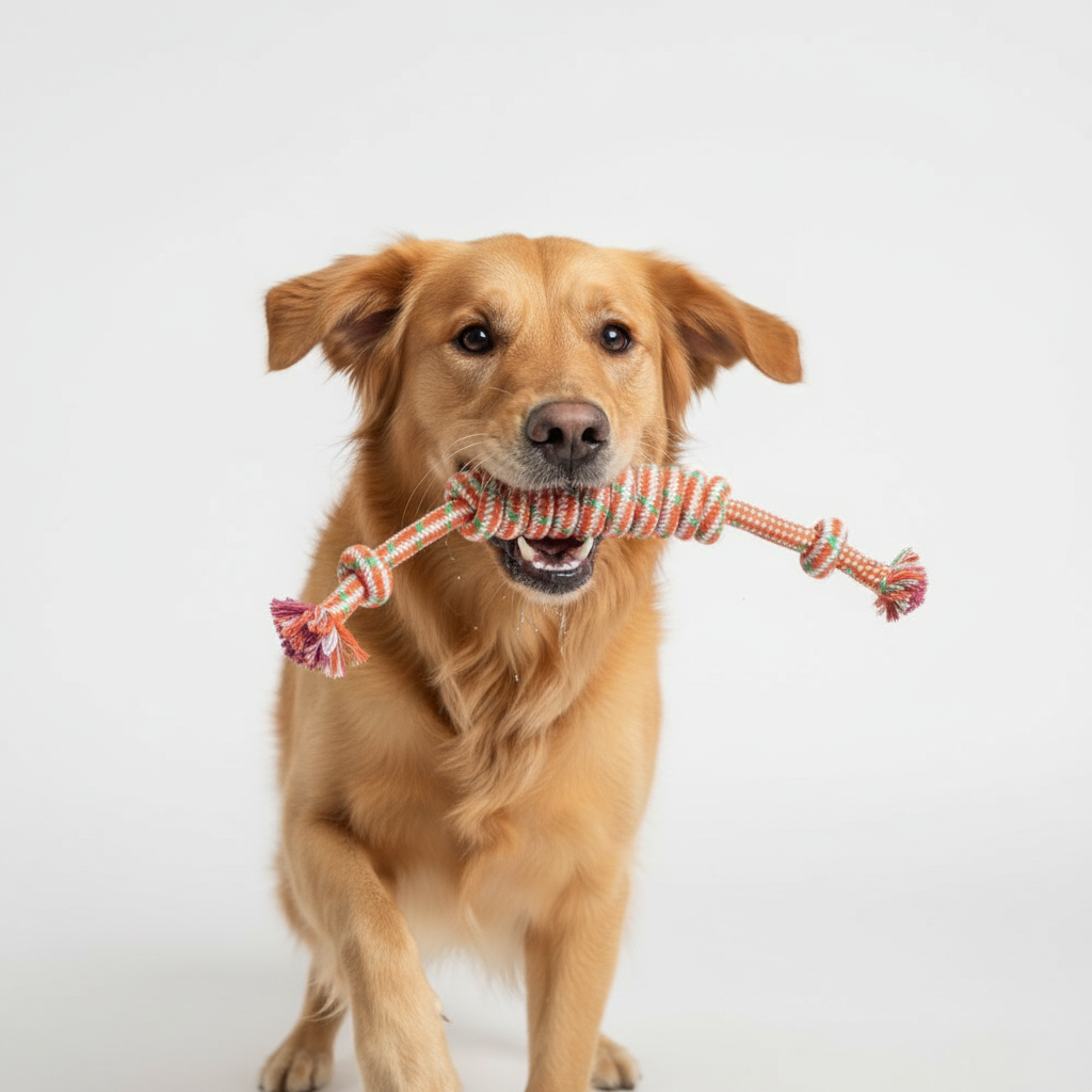 Dog with rope toy