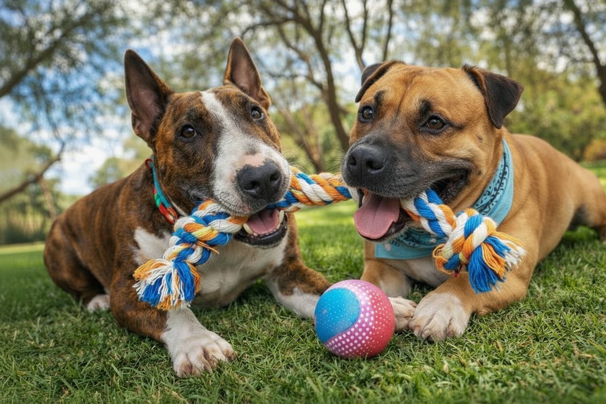 Dogs with white red orange toy