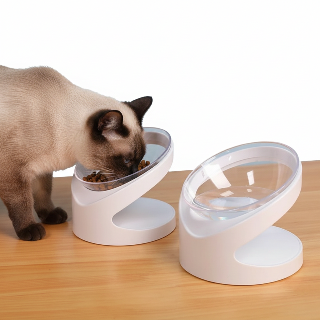 Elevated Cat Bowls with Siamese Cat