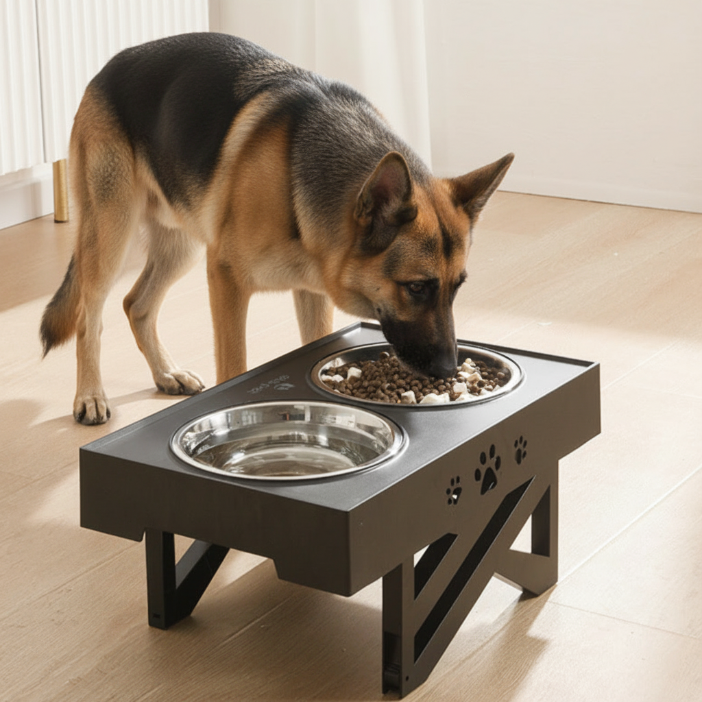 Elevated Dog Bowl Stand with German Shepherd
