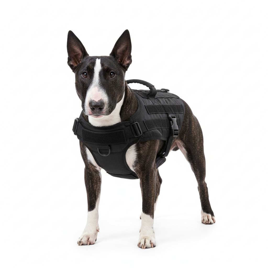 Front view of dog in tactical vest - retry