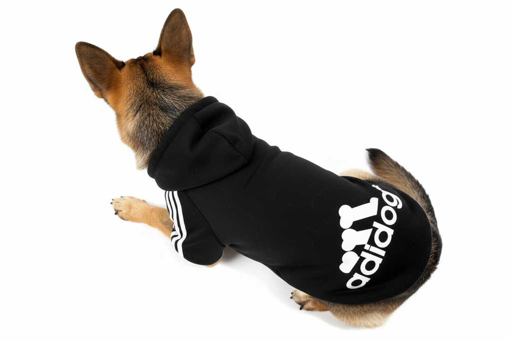 German Shepherd in black Adidog hoodie