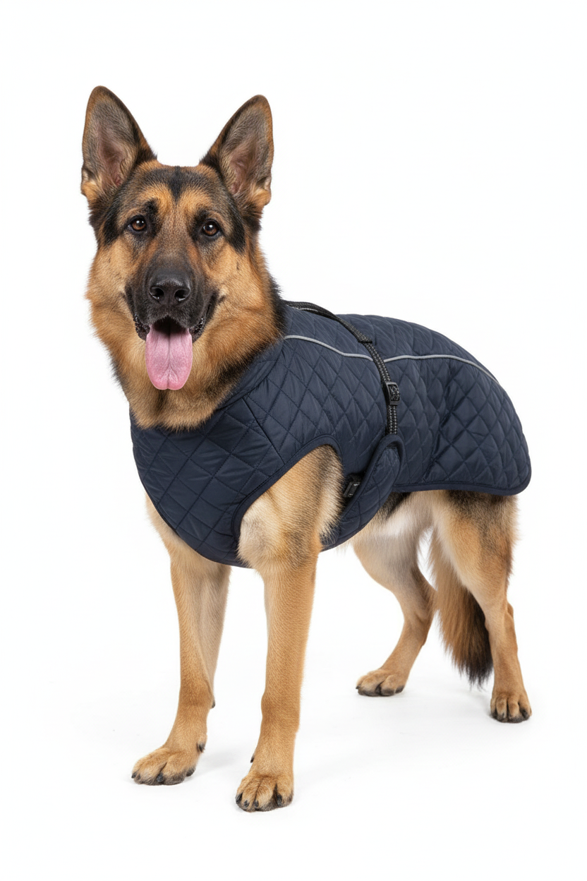 German Shepherd in Navy Quilted Dog Coat