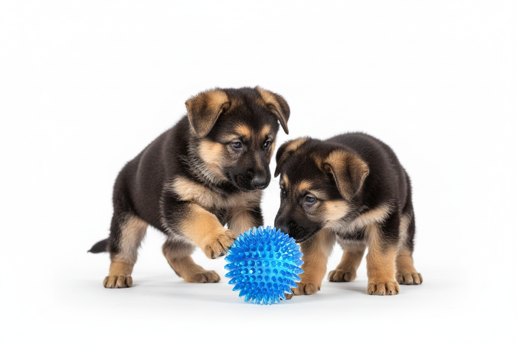 German Shepherd puppies playing with blue spiky ball