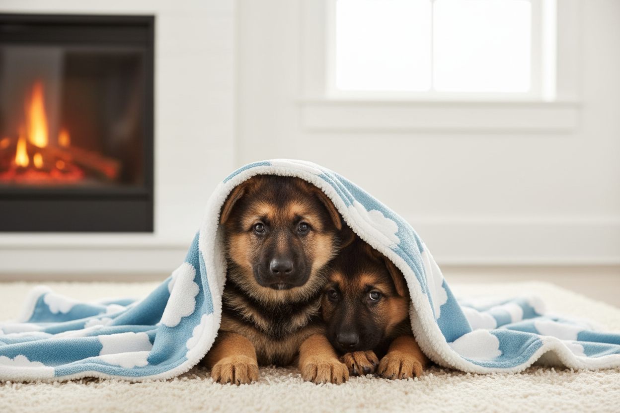 German Shepherd Puppies with Blue Cloud Blanket