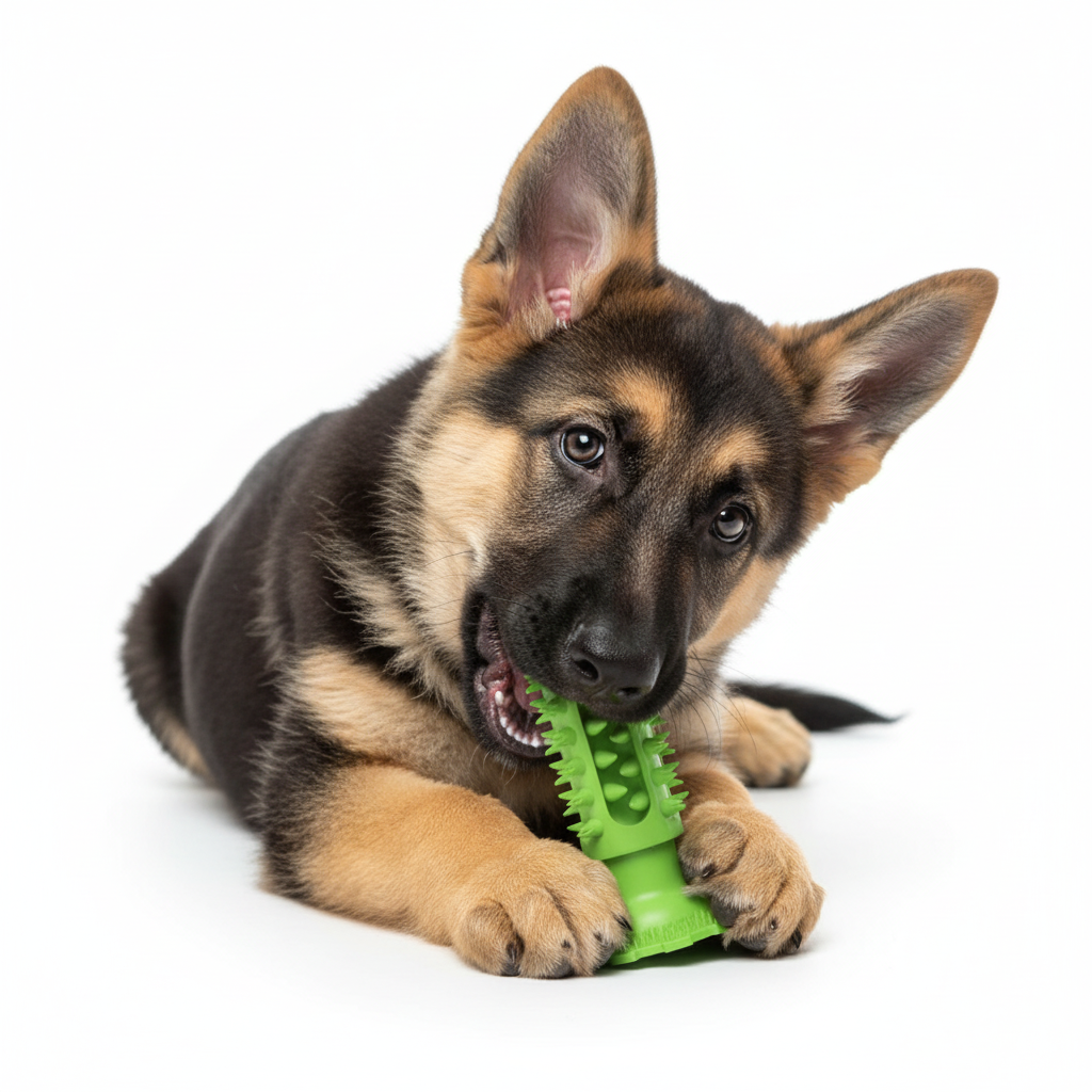 German Shepherd puppy with dental toy