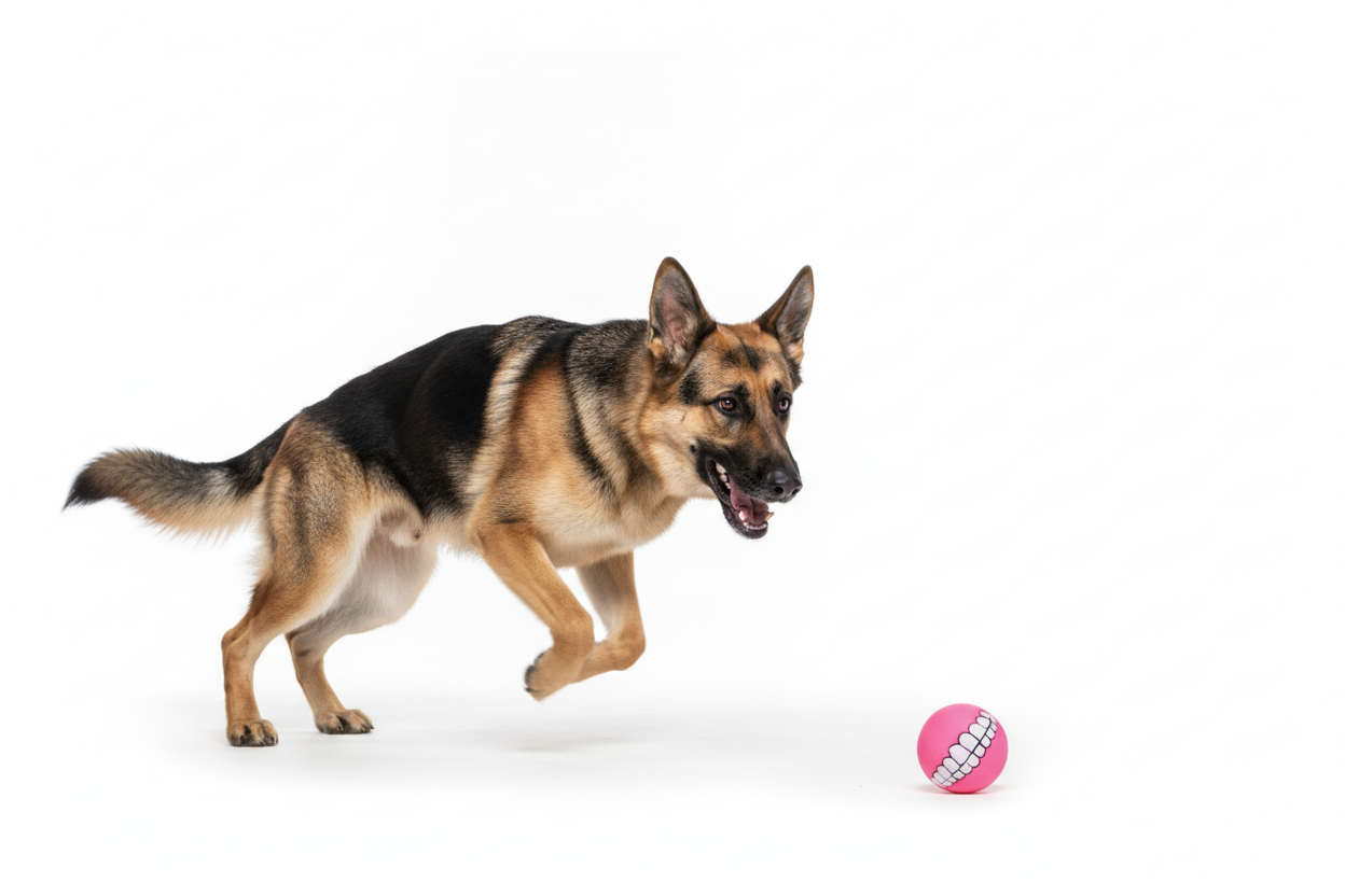 German Shepherd running after pink teeth ball - white background