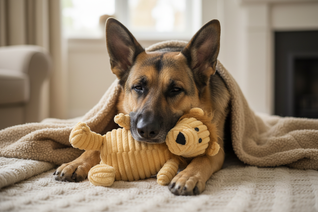 German Shepherd Snuggling with Lion Plush Toy