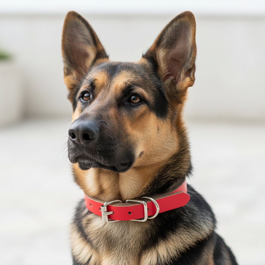 German Shepherd wearing red leather collar