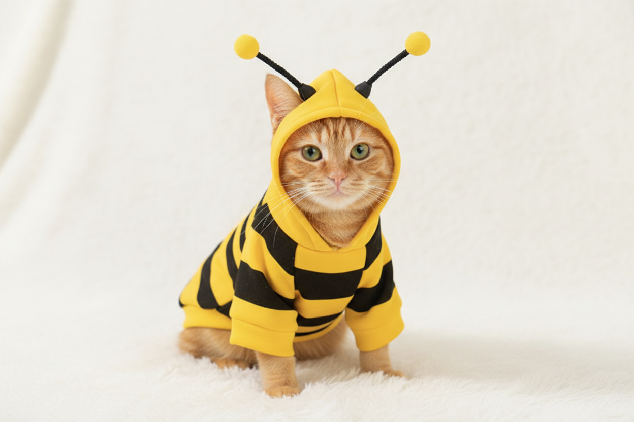 Ginger cat in bee hoodie