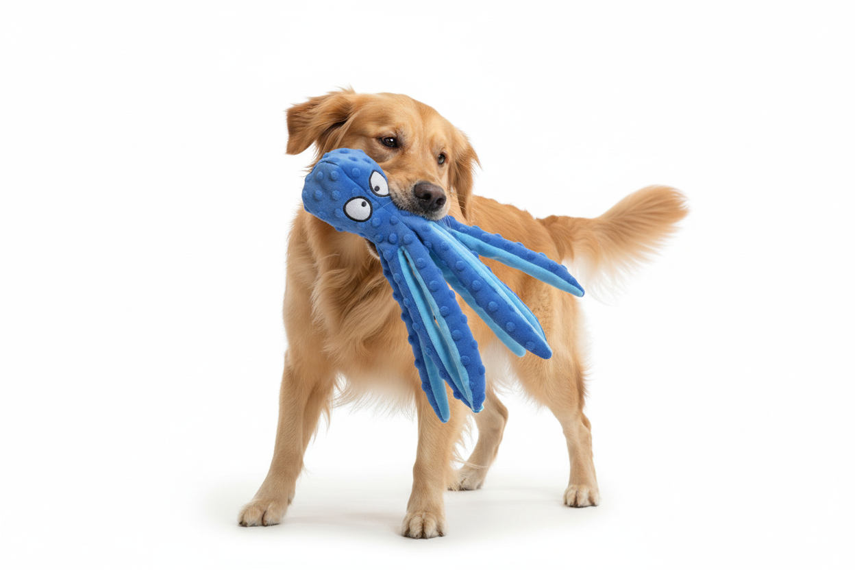 Golden Retriever with Blue Octopus