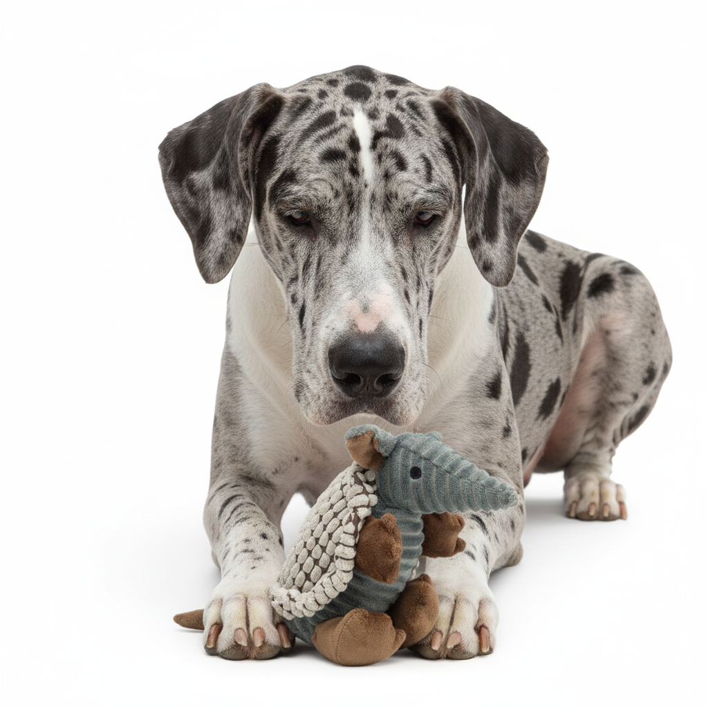 Great Dane with armadillo plush toy