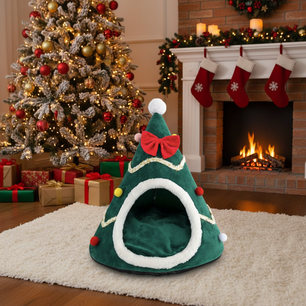 Green Christmas Tree Pet Bed with Festive Background