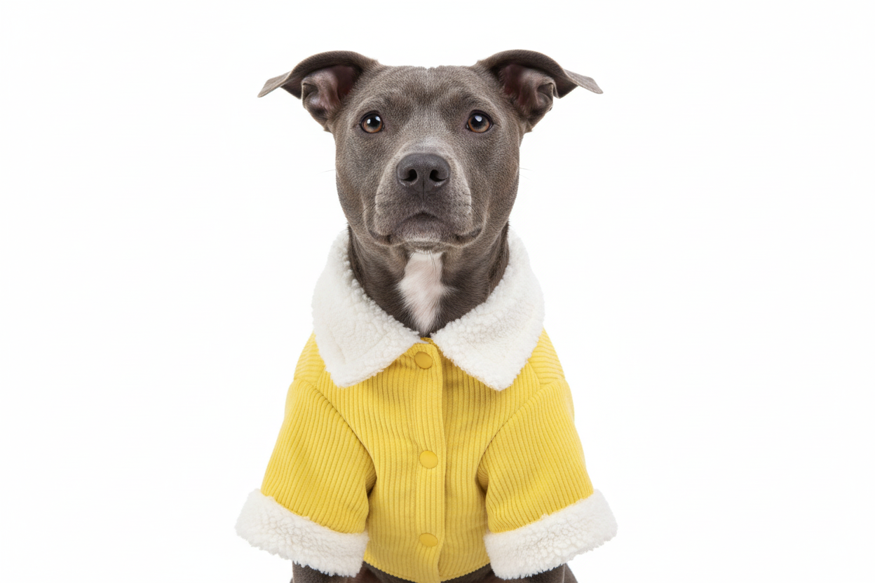 Grey Staffie in yellow corduroy coat