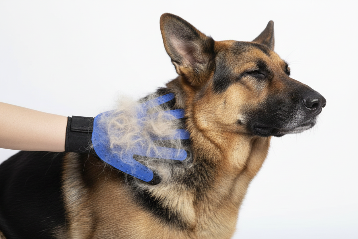 Grooming glove combing German Shepherd fur