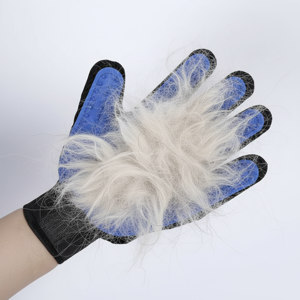Grooming glove with long dog fur