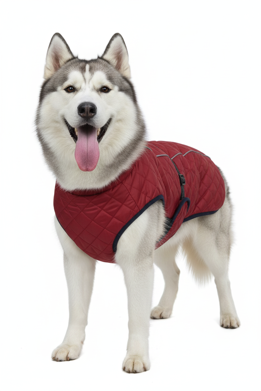 Husky in Red Quilted Dog Coat