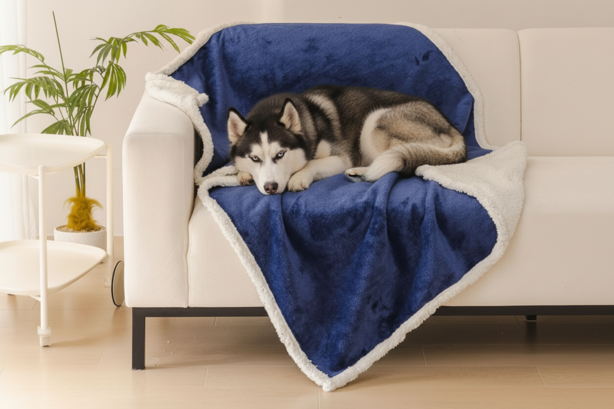 Husky on Navy Blue Sherpa Blanket