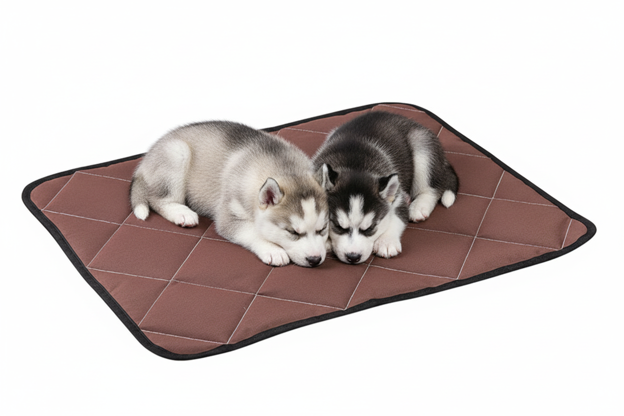 Husky Puppies Laying on Brown Quilted Pet Mat