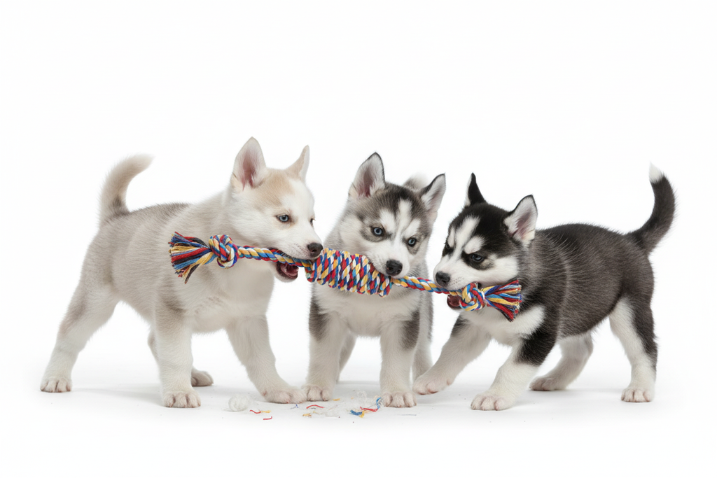 Husky Puppies Playing with Rope Toy