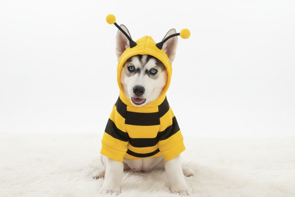 Husky puppy in bee hoodie