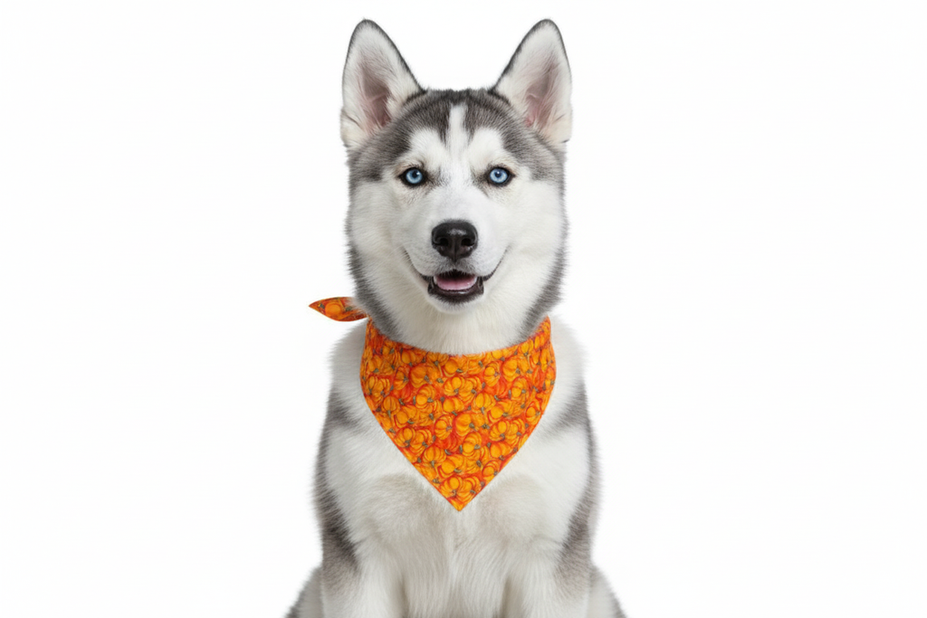 Husky Puppy Wearing Dense Pumpkin Bandana