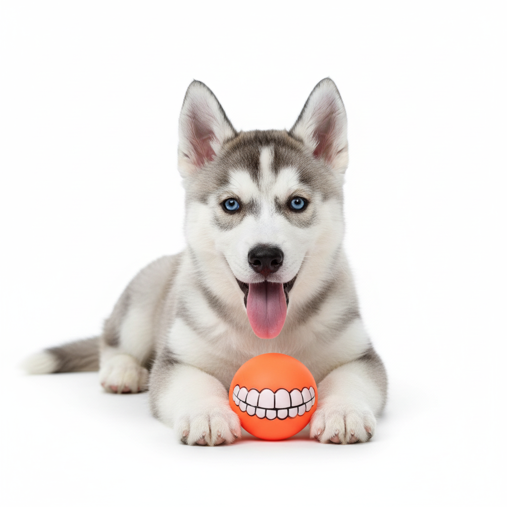 Husky puppy with orange teeth ball