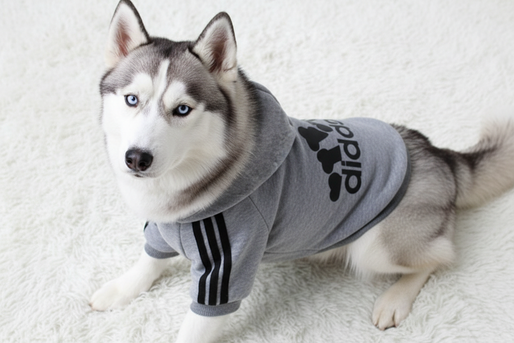 Husky with blue eyes in gray Adidog hoodie