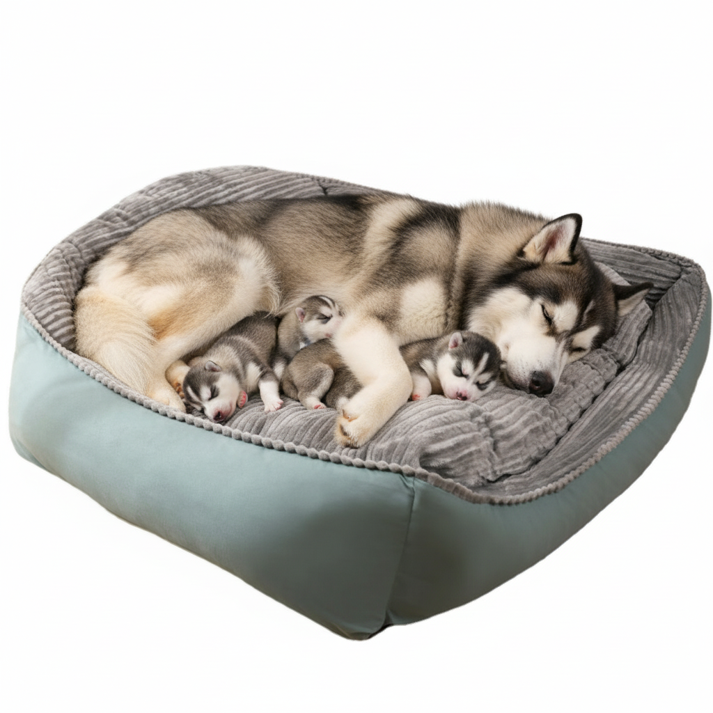 Husky with puppies on pet bed