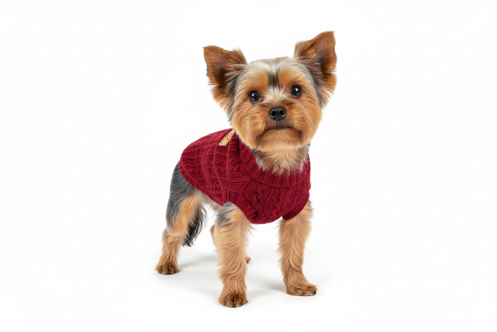 Yorkshire terrier wearing wine red wool sweater