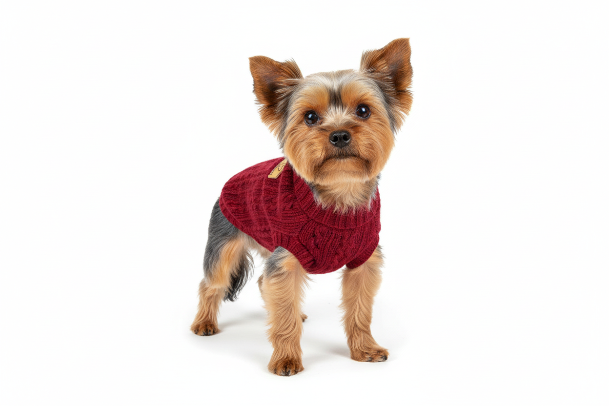 Yorkshire terrier wearing wine red wool sweater