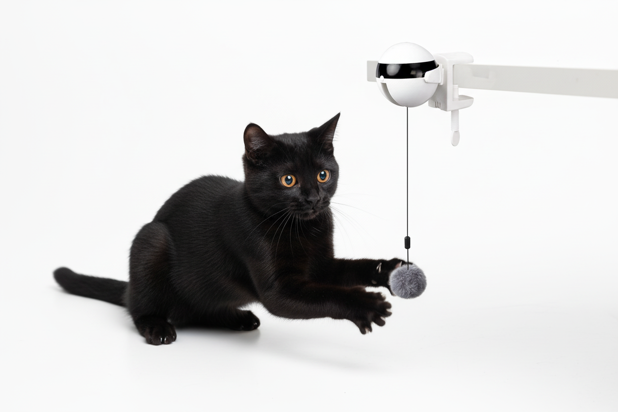 Black cat engaged with electric automatic lifting ball toy