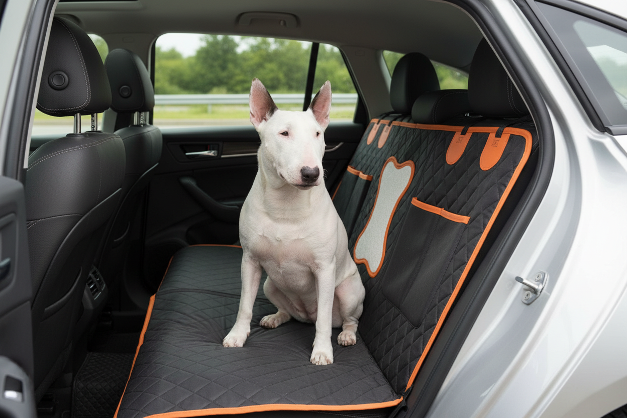 White Bull Terrier on waterproof car seat cover