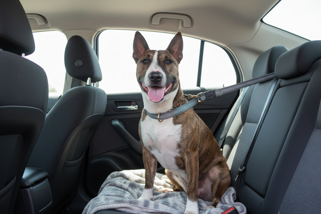 Brindle dog secured with car safety belt