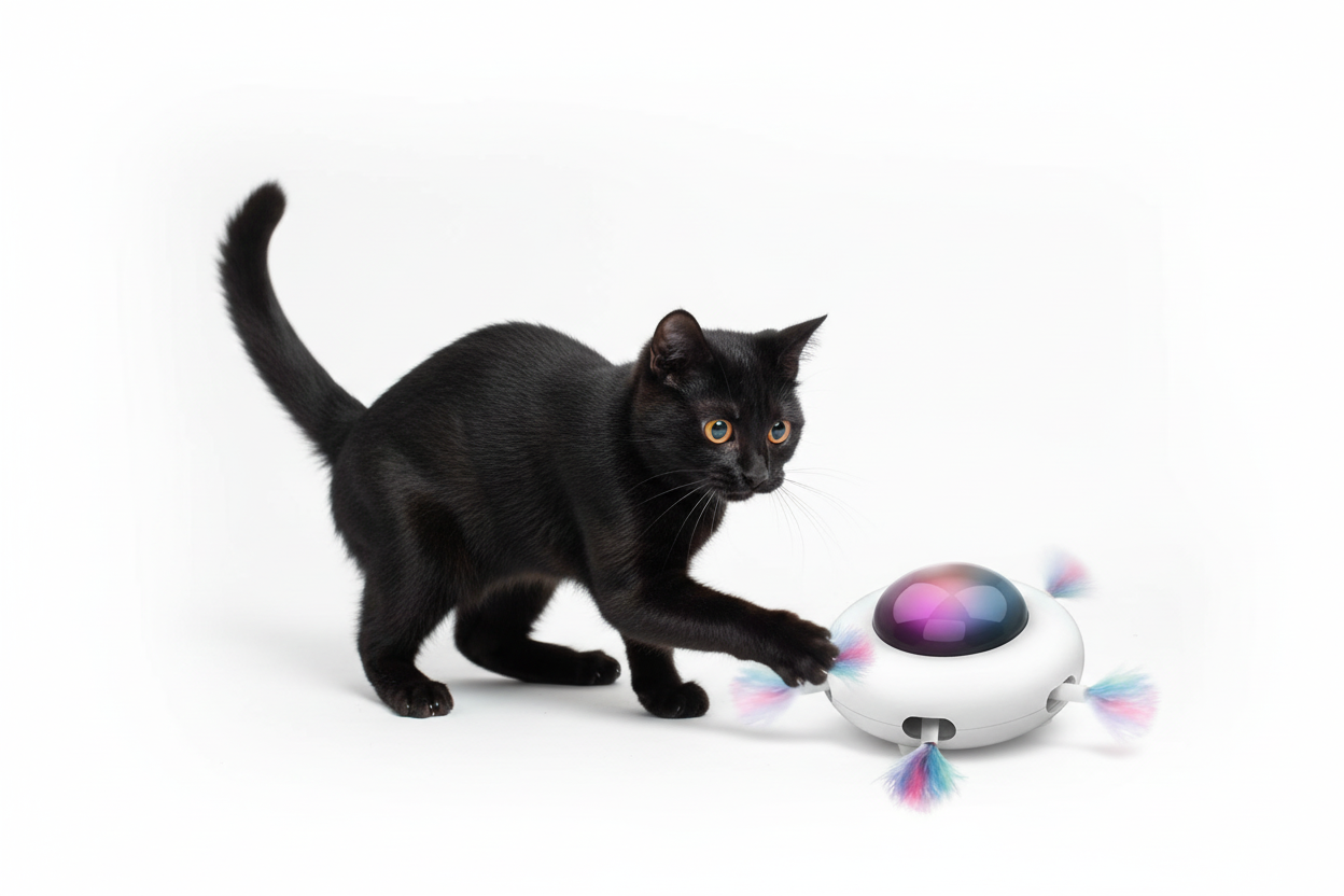 Black cat playing with automatic feather teaser toy