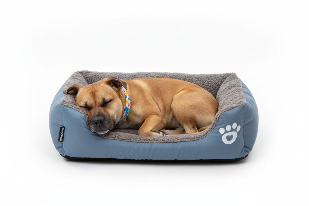 Staffordshire terrier relaxing in paw-shaped pet sofa bed