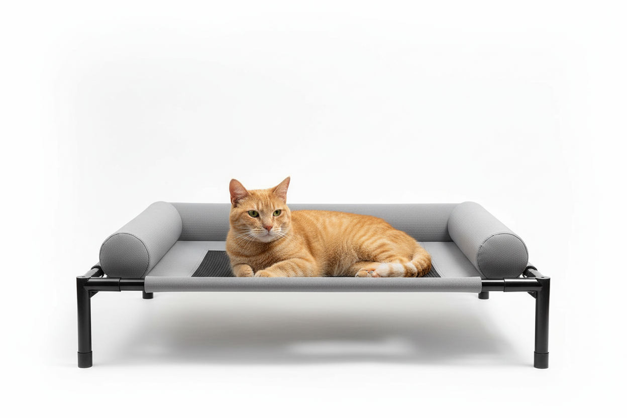Orange tabby cat relaxing on elevated mesh bed
