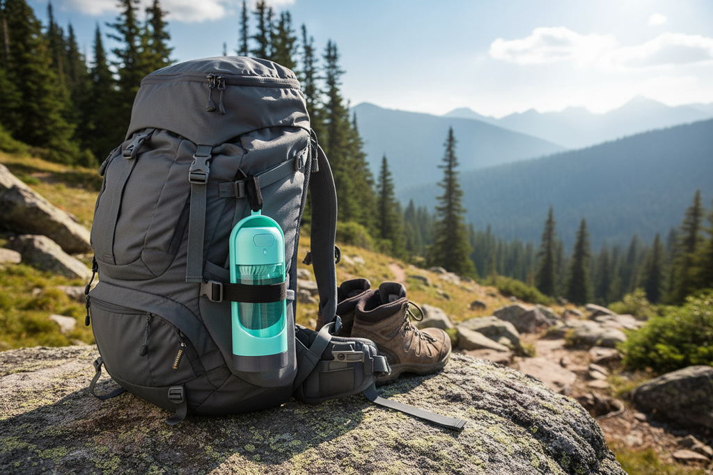 Portable water bottle with adjustable backpack strap