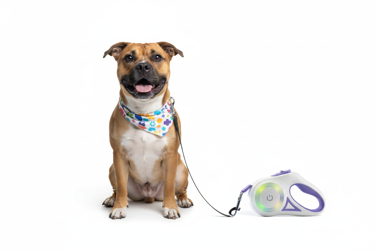 Staffordshire terrier with automatic retractable dog leash