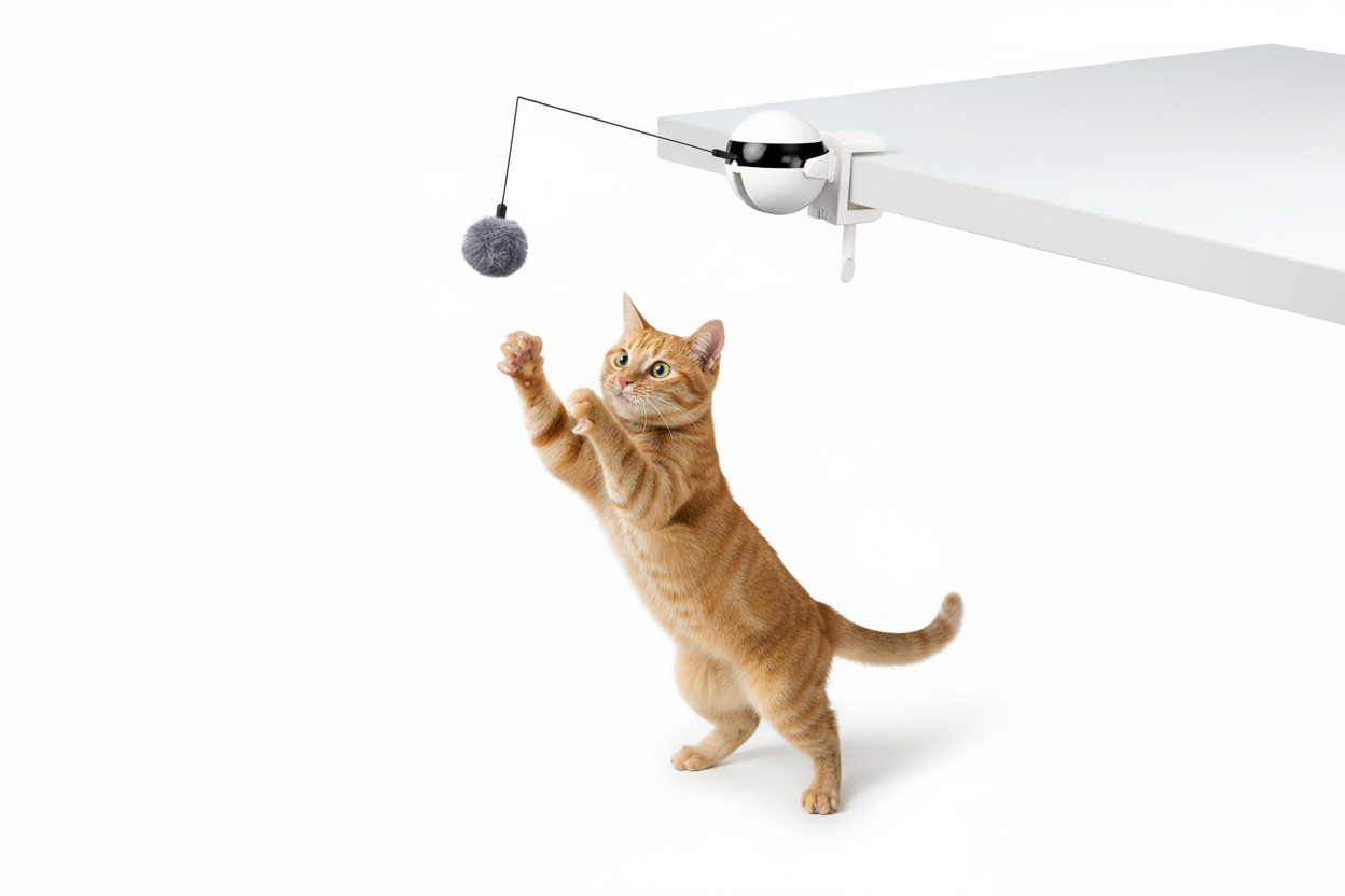 Orange tabby cat playing with electric automatic lifting ball toy