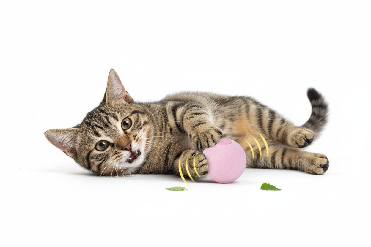 Tabby cat with pink interactive ball toy