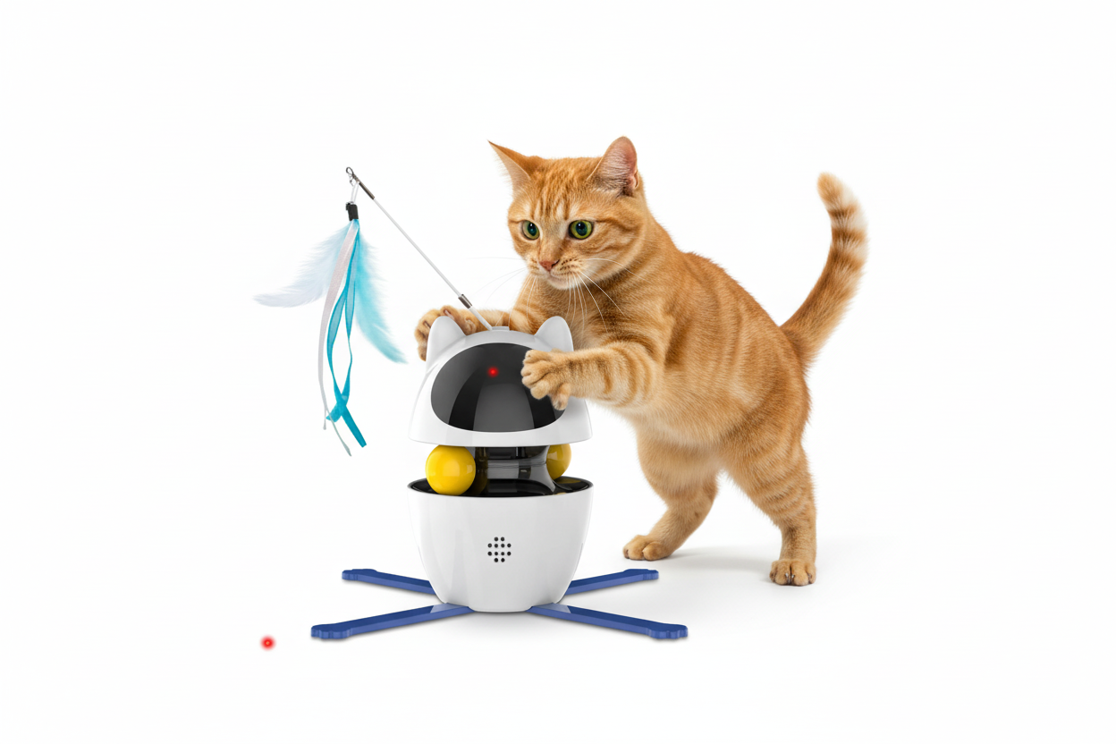 Orange tabby cat playing with 4-in-1 interactive laser toy