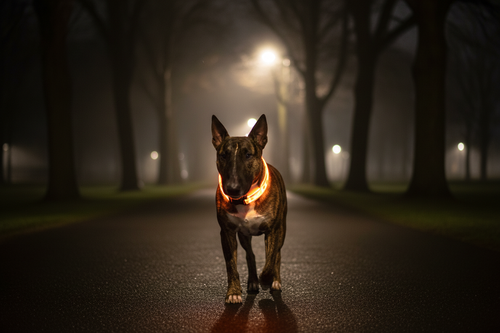 Brindle bull terrier wearing orange LED collar at night
