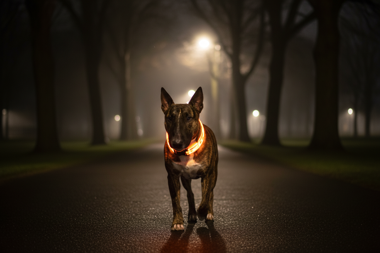 Brindle bull terrier wearing orange LED collar at night