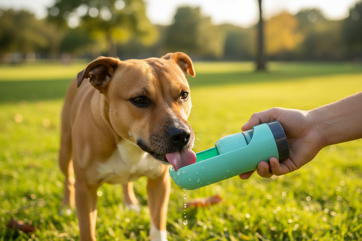 Tan dog drinking from portable pet water bottle outdoors