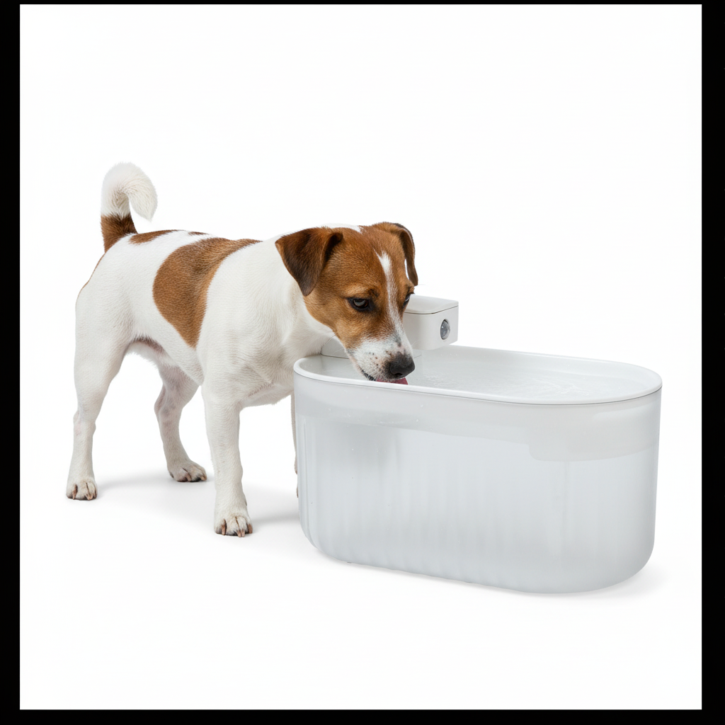 Jack Russell terrier with wireless automatic pet water fountain