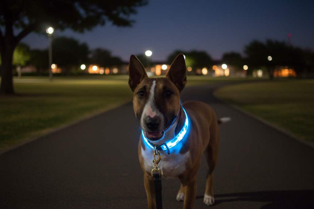 Dog wearing blue LED camouflage collar at night